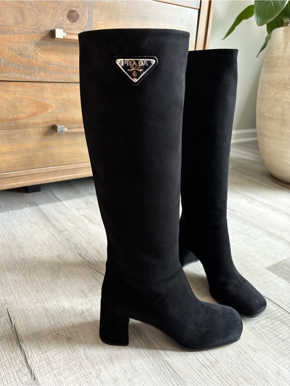 Prada Suede knee- high block boots size 38, NIB authentic